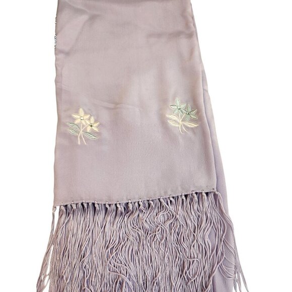 Lavender Scarf Embroidered Floral Rhinestone Fringed 76x21 inches Silk Rayon Pre - Picture 11 of 16